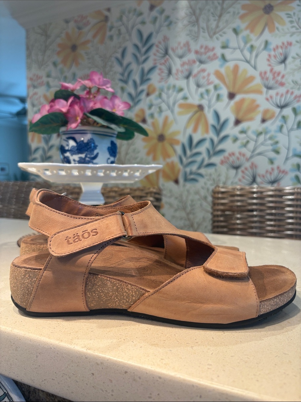 Taos Tan Leather Cork Wedge Sandals